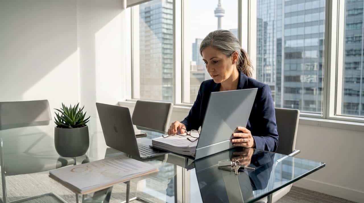 Lawyer reviews home closing file at conference table
