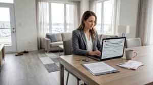 Woman registering rental at condo dining table