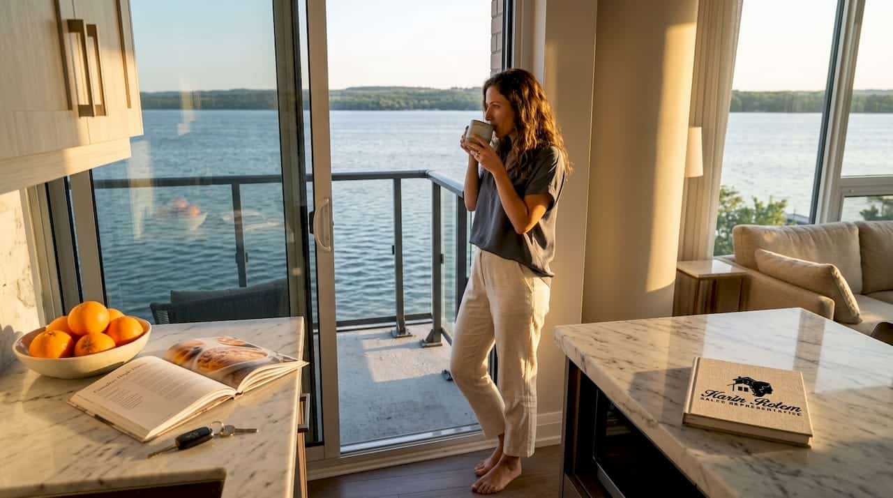 Man enjoying morning coffee on condo balcony with lake view