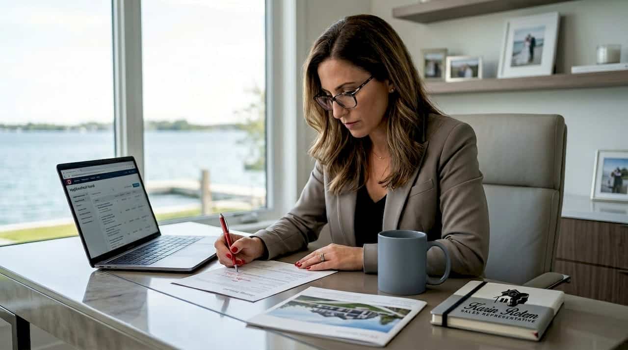 Agent reviewing waterfront listing at home
