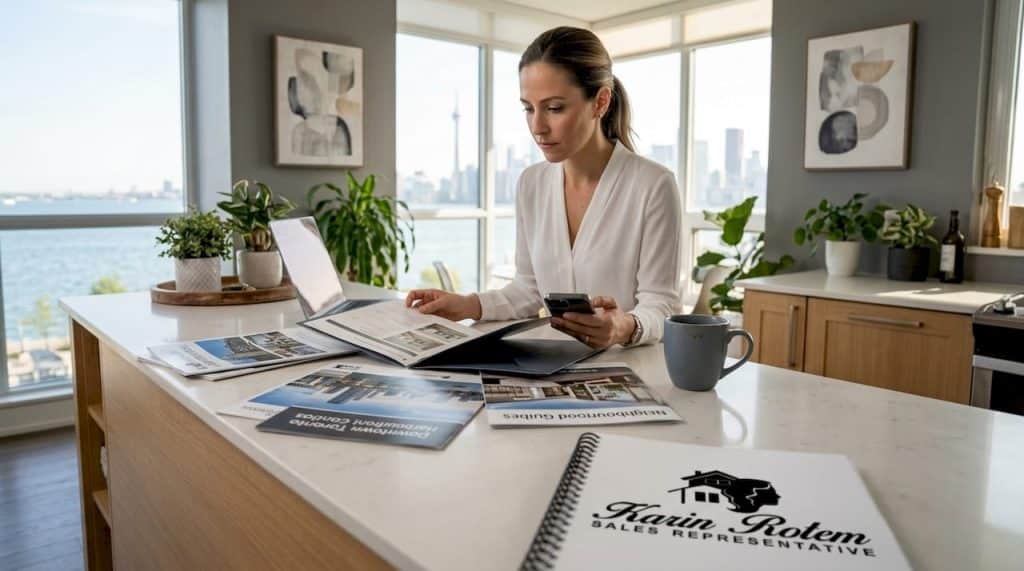 Agent reviews property by waterfront window