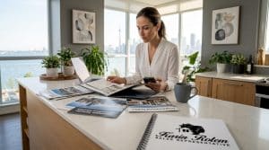 Agent reviews property by waterfront window
