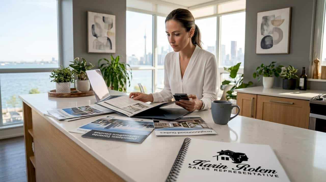 Agent reviews property by waterfront window