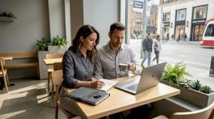 Couple reviewing Toronto waterfront property listings