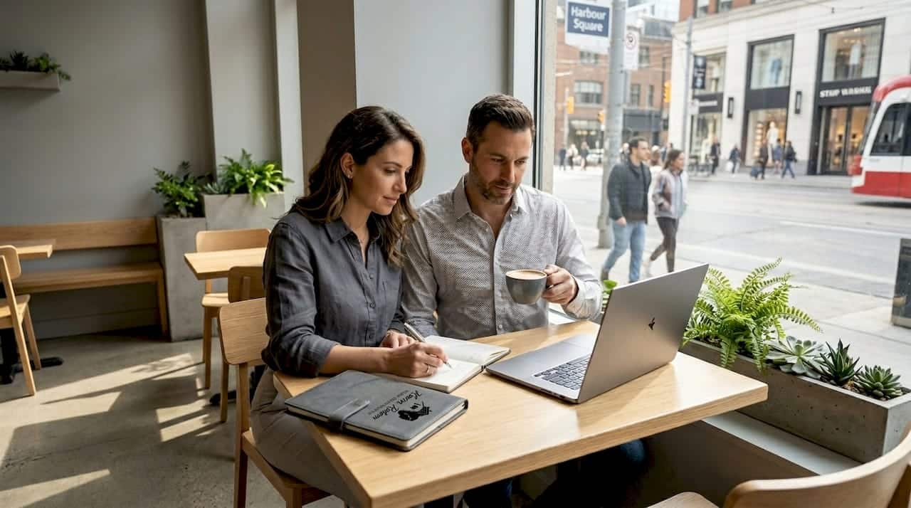 Couple reviewing Toronto waterfront property listings