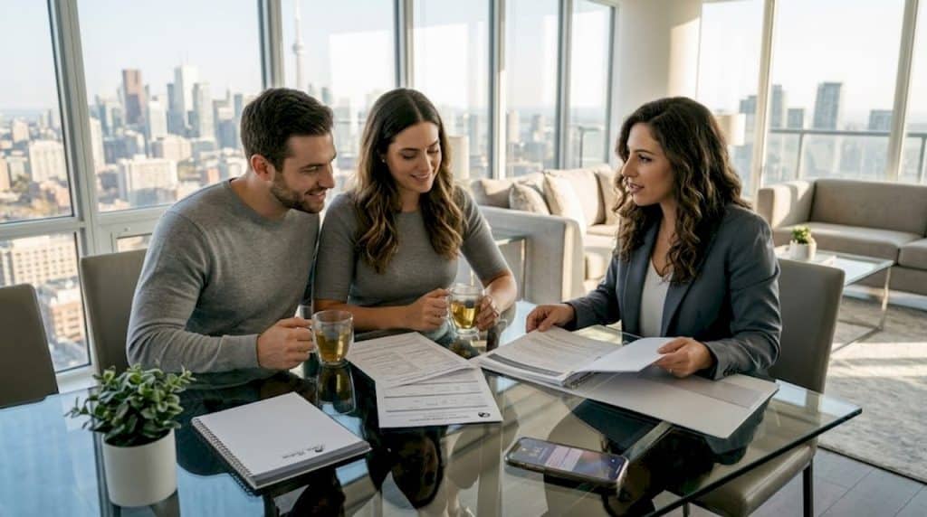 Couple meeting real estate agent in condo
