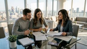 Couple meeting real estate agent in condo