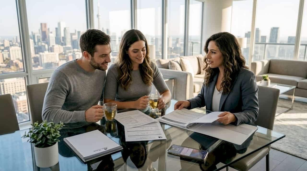 Couple meeting real estate agent in condo