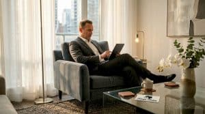 Investor checks rental listings in furnished living room