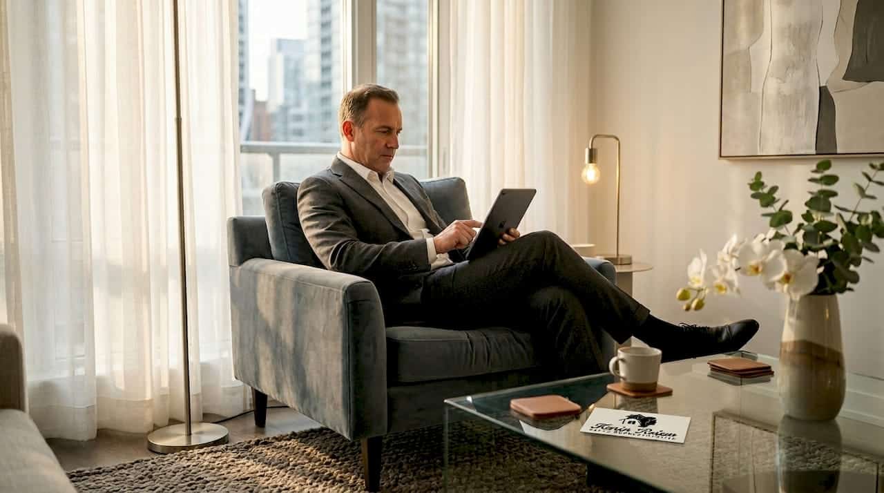 Investor checks rental listings in furnished living room