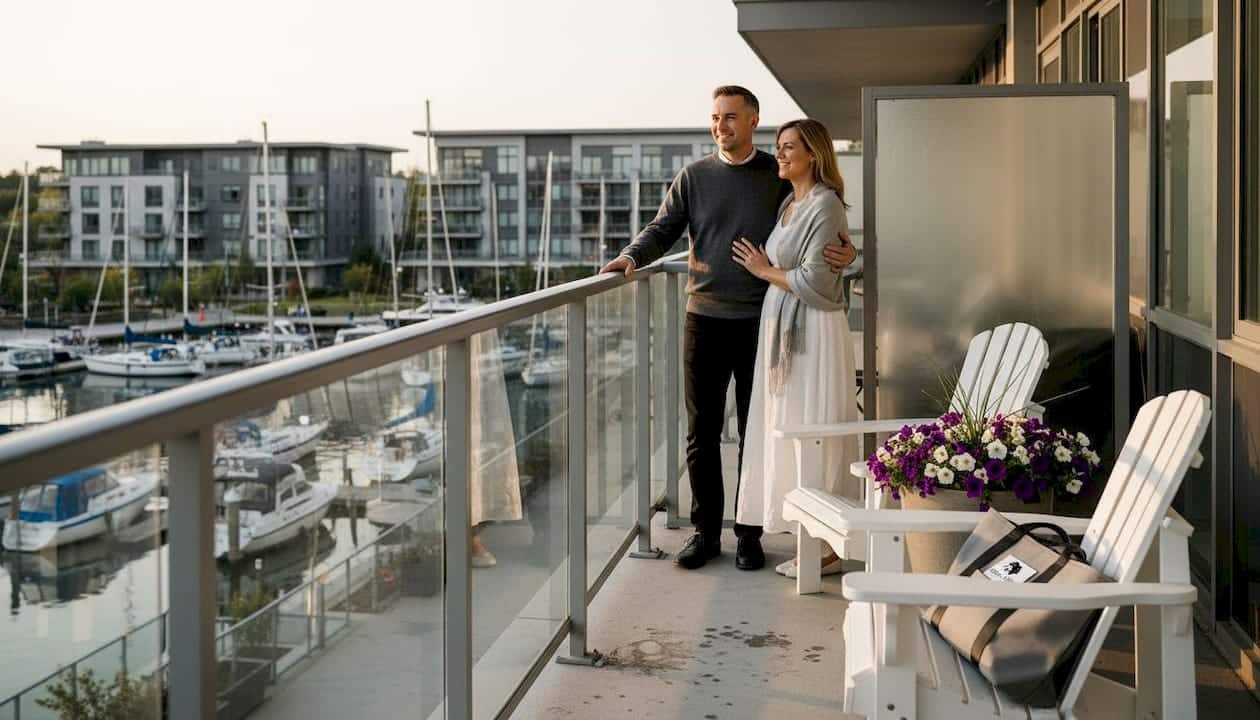 Couple on Friday Harbour condo balcony marina view