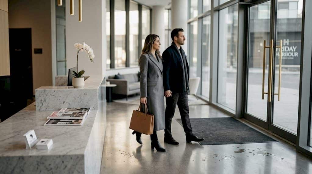 Couple entering upscale condo lobby Ontario