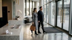 Couple entering upscale condo lobby Ontario