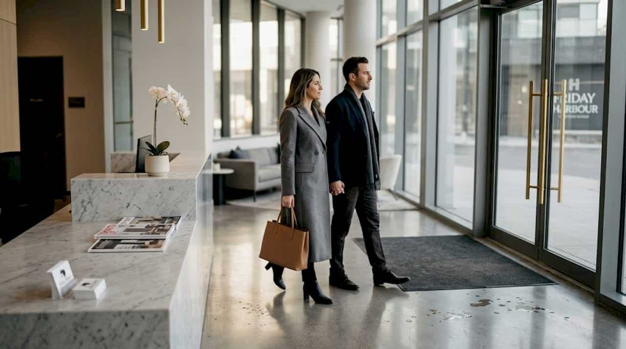 Couple entering upscale condo lobby Ontario