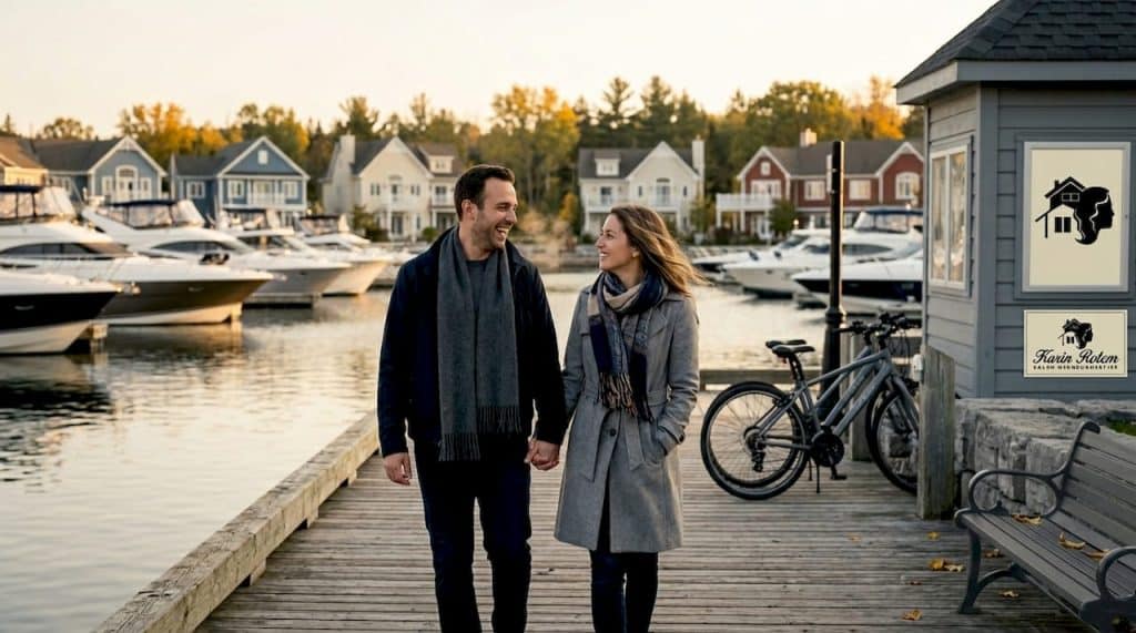 Couple walking at marina promenade sunrise