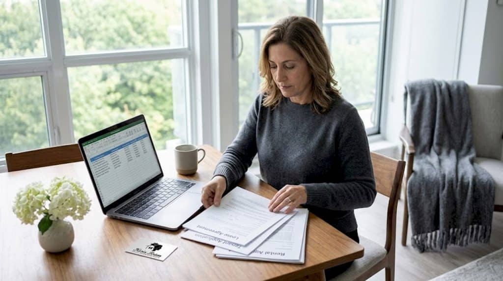 Owner sorting rental documents at condo table