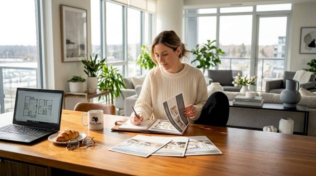 Woman comparing suite options at kitchen island