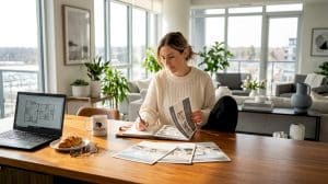 Woman comparing suite options at kitchen island