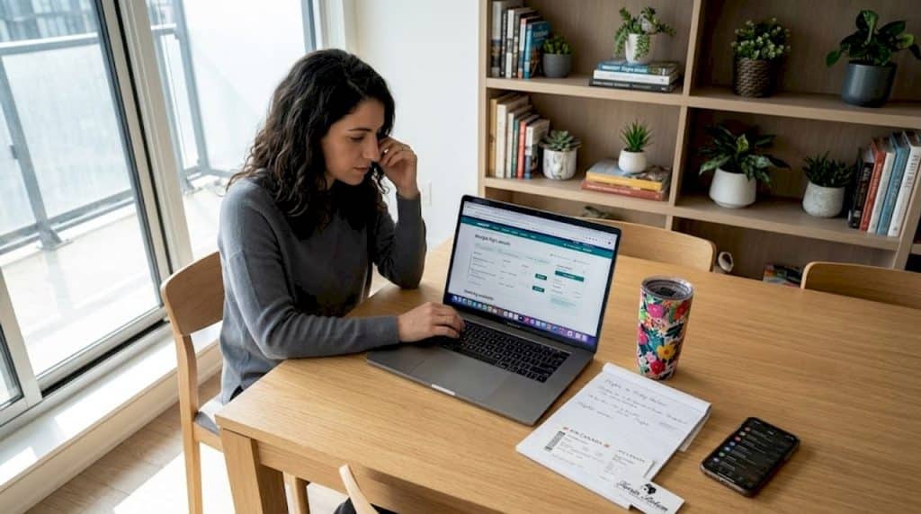 Woman comparing travel booking sites on laptop