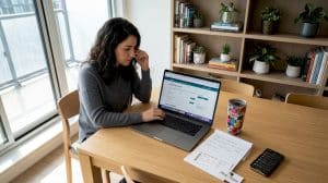 Woman comparing travel booking sites on laptop