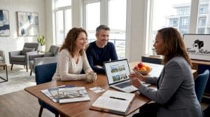 Buyers consult real estate agent at Friday Harbour