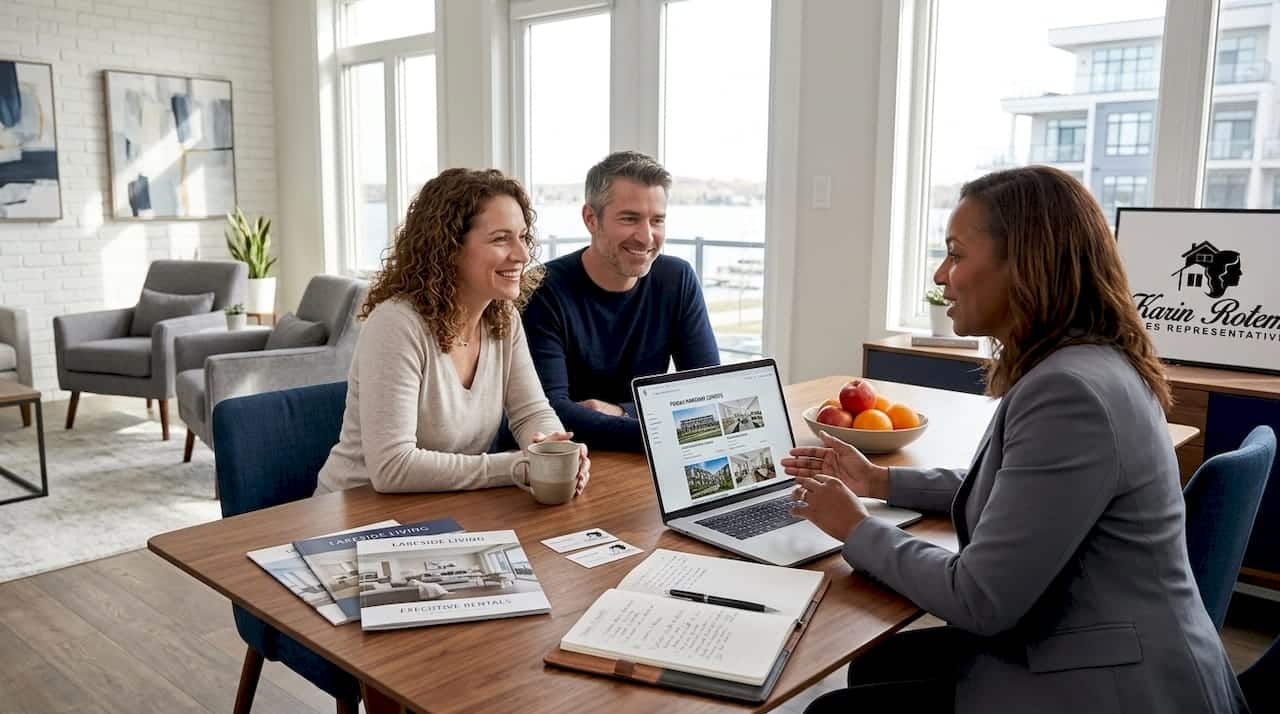 Buyers consult real estate agent at Friday Harbour