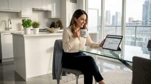 Woman reviews booking calendar in rental apartment