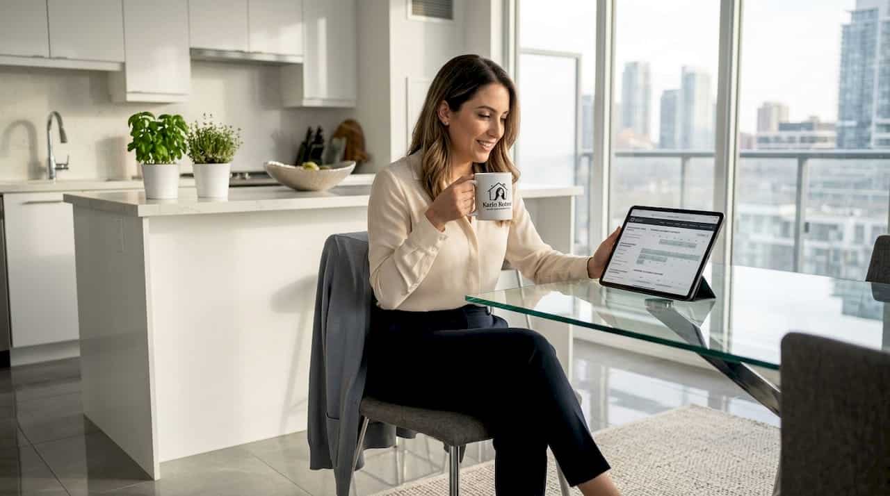 Woman reviews booking calendar in rental apartment