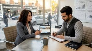 Real estate agents discussing listings in office