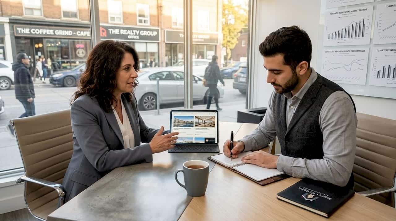 Real estate agents discussing listings in office