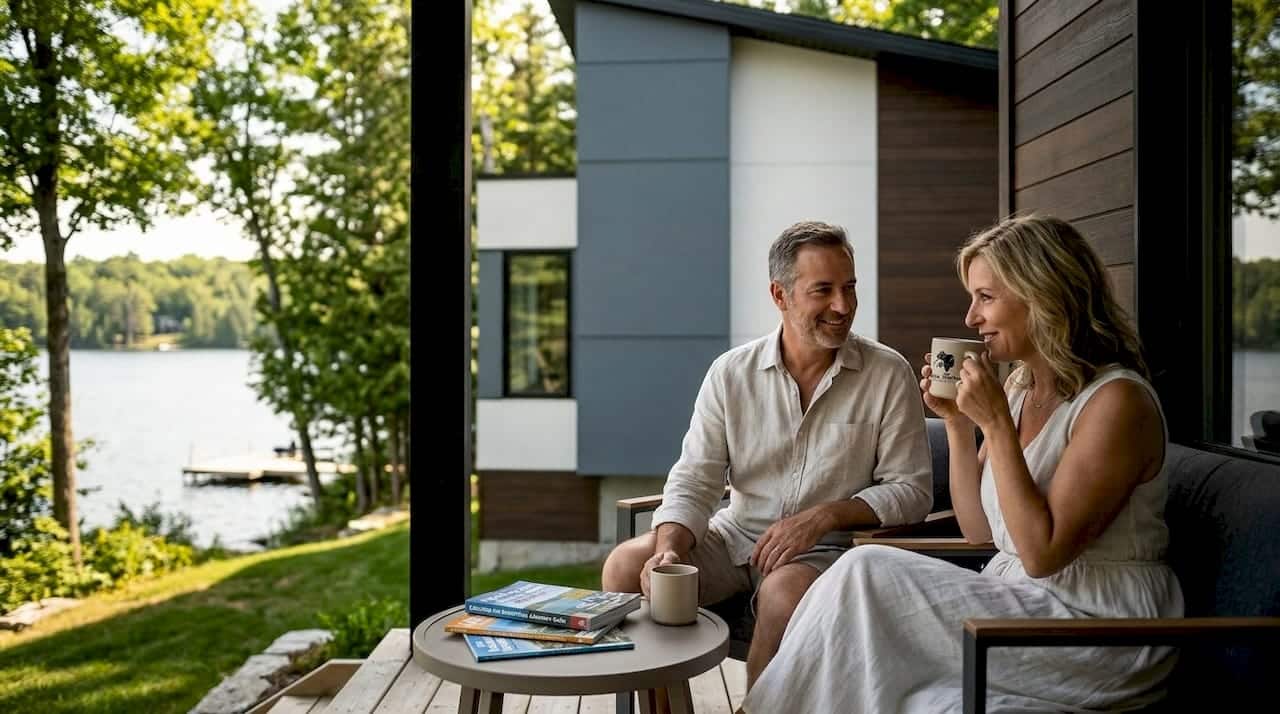 Couple enjoying morning coffee on vacation home deck near lake