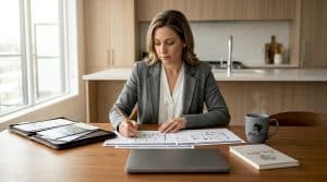 Buyer reviewing Friday Harbour floor plans at home
