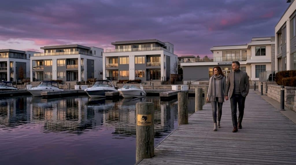 Friday Harbour waterfront condos and marina at sunset