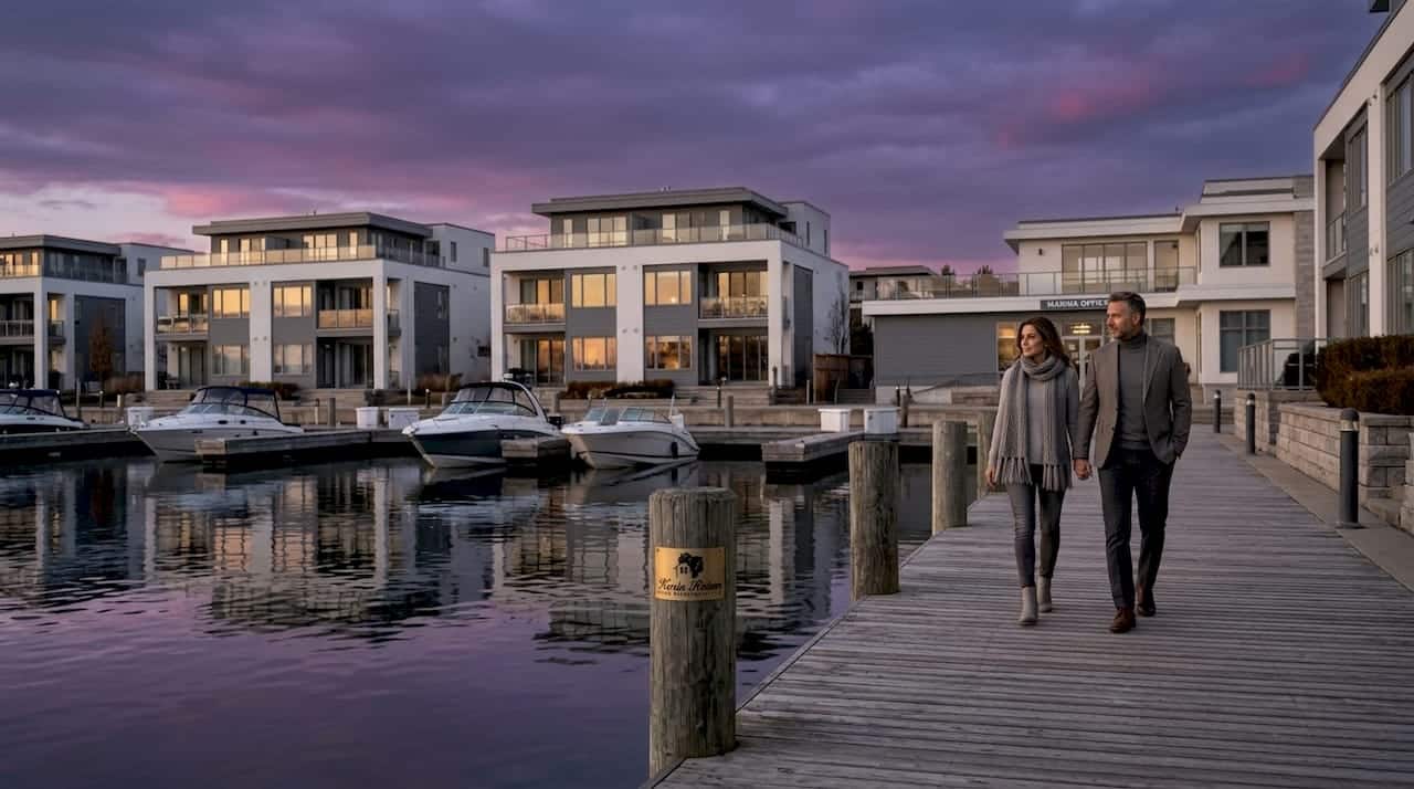 Friday Harbour waterfront condos and marina at sunset