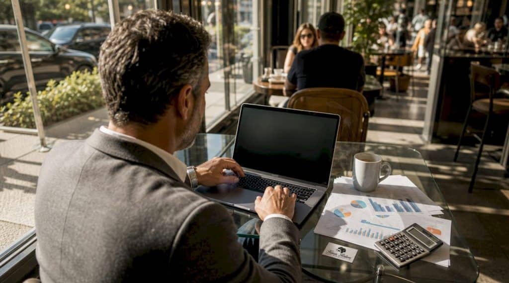 Investor reviewing rental income projection on laptop