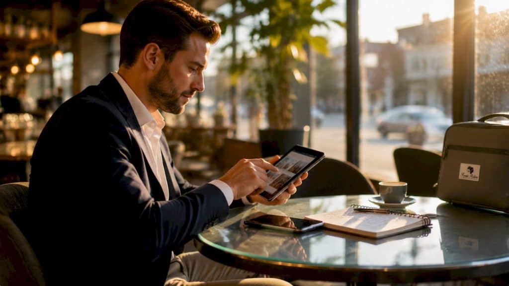 Marketer reviewing digital home listings on tablet