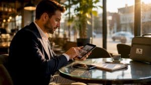 Marketer reviewing digital home listings on tablet