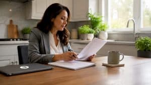 Woman reviewing rental checklist at home office