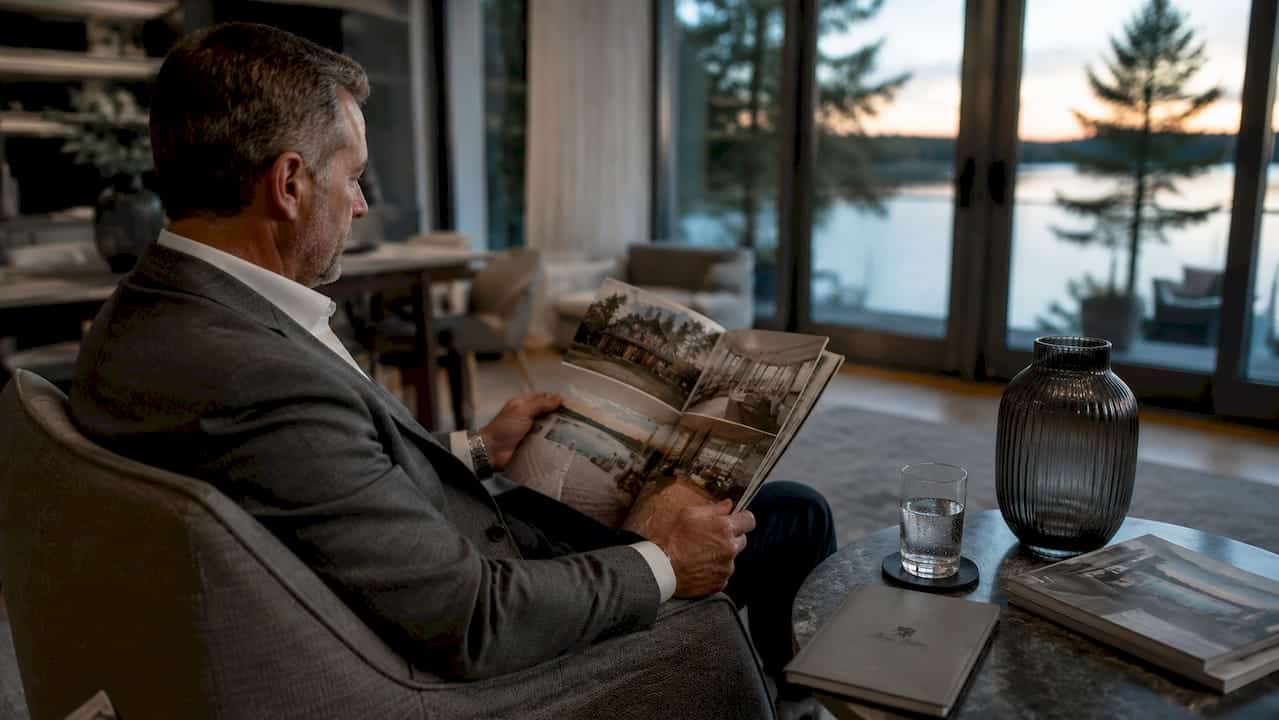 Real estate agent reviewing waterfront property brochures