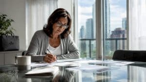 Woman reviewing home sale offers at kitchen table