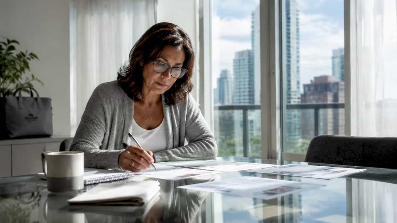 Woman reviewing home sale offers at kitchen table