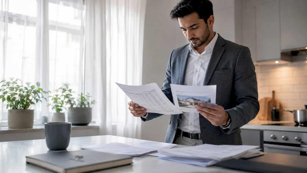 Buyer reviewing currency exchange and property papers