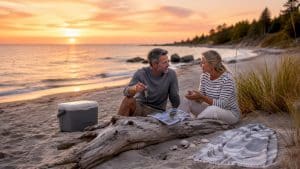 Couple outside a lakeside weekend retreat cottage