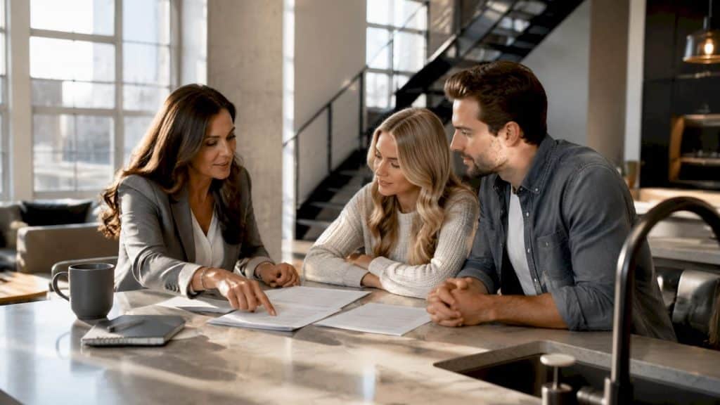 Agent discussing commission contract with clients