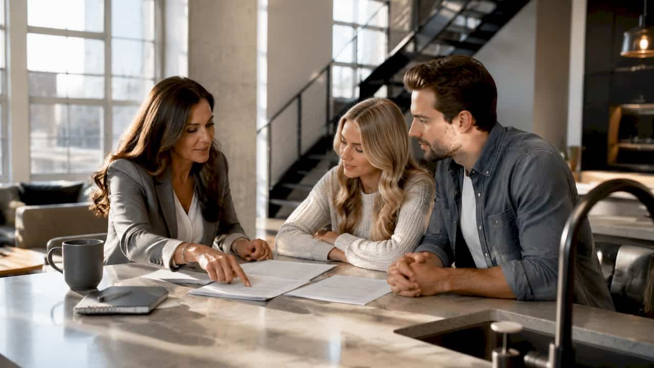 Agent discussing commission contract with clients