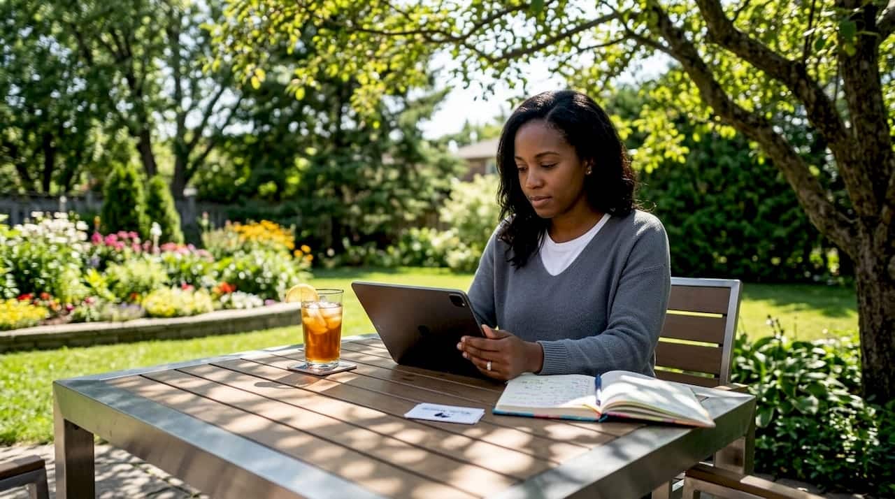 Young woman choosing home remotely at kitchen table