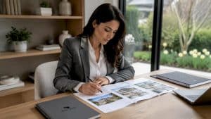 Real estate agent reviewing property listings at desk