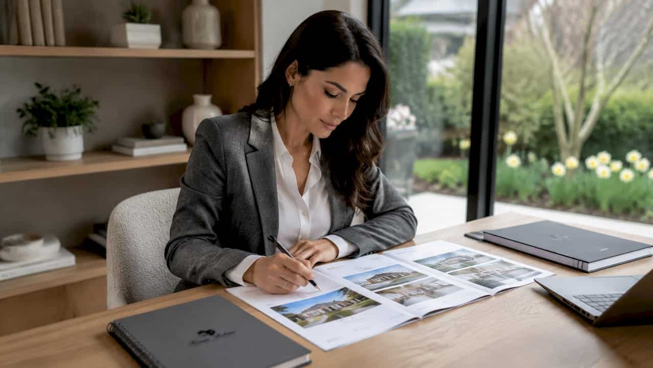 Real estate agent reviewing property listings at desk