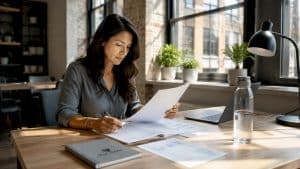 Investor reviewing income property financial documents