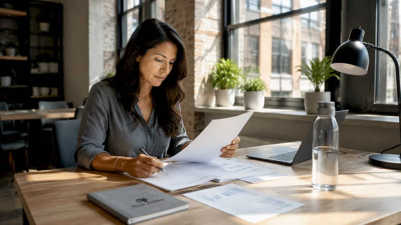 Investor reviewing income property financial documents